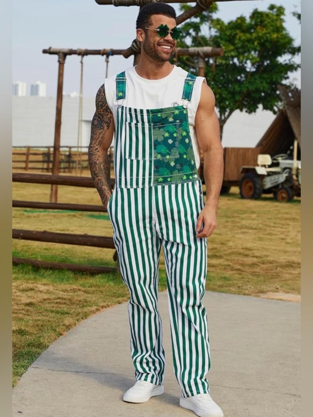 Green Striped Men's Overalls - St. Patrick's Patch Style